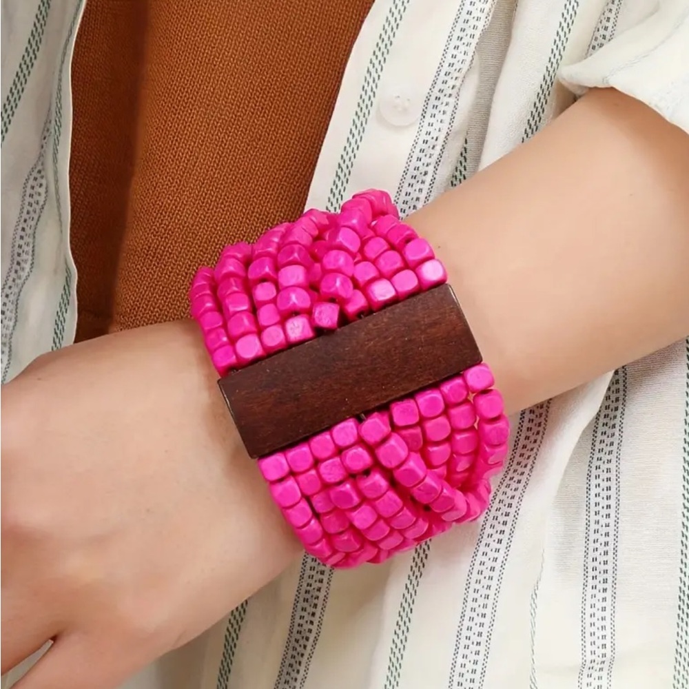 Pink Boho Wood Bead Bracelet